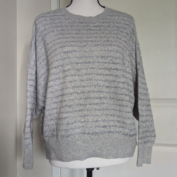 Nordstrom Metallic Stripe sweater, drop shoulder, grey & silver, Women's M - Picture 3 of 16